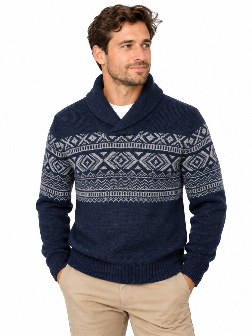 Banana Republic Men’s Shawl Collar Fair Isle Sweater Navy Blue Geometric S